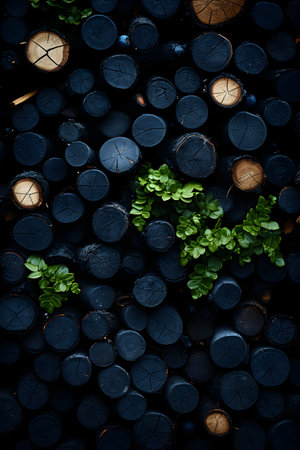 Top view of green plant growing out of a pile of firewoodの素材