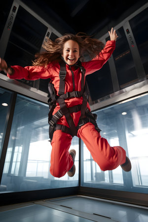 Image of little girl in parachute suit jumping indoors. Looking aside.の素材