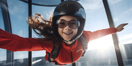 Portrait of happy girl in helmet and goggles looking at camera and smilingの素材
