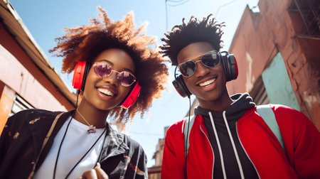 Portrait of two afro american young women with headphones in the cityの素材