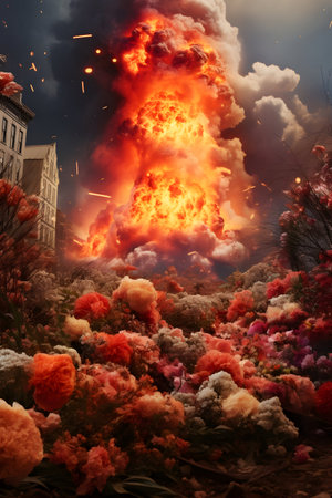 3D illustration of a huge fire in the middle of the cityの素材