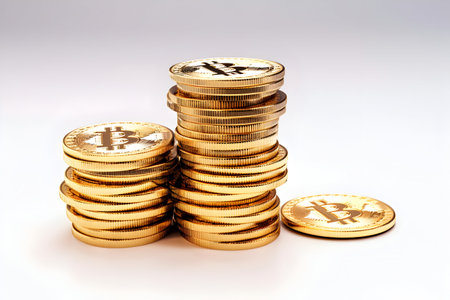 Stack of golden bitcoins isolated on white background. Cryptocurrency conceptの素材