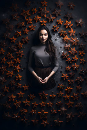 Beautiful young brunette woman with long hair and stars on dark backgroundの素材