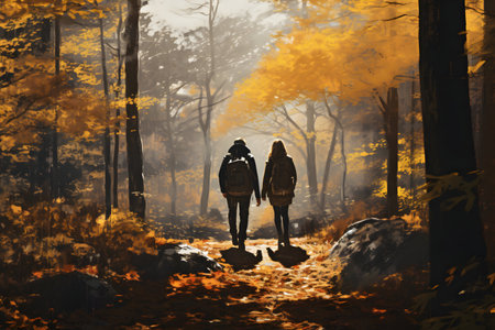 Digital painting of a couple walking in the autumn forest with sun raysの素材