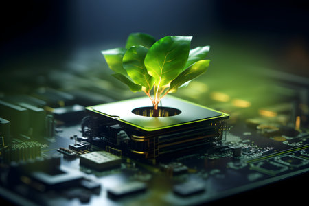 Green plant growing out of computer chip. Ecology concept. 3D Renderingの素材