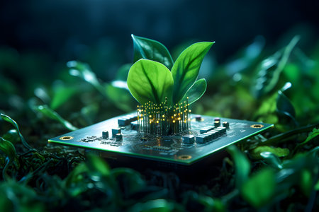 Microprocessor with green plant on dark background. Biotechnology concept.の素材