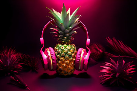 Pineapple with headphones on a black background. Music concept.の素材