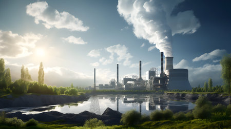 Industrial landscape with power plant and blue sky. 3d renderの素材