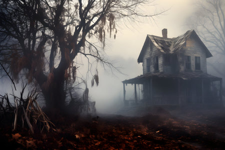 Old house in a foggy forest. Halloween concept. 3D Renderingの素材