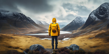 Man in yellow raincoat standing on the edge of a high mountainの素材