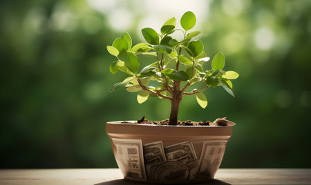 Money tree in a pot on a wooden table and blurred background.の素材