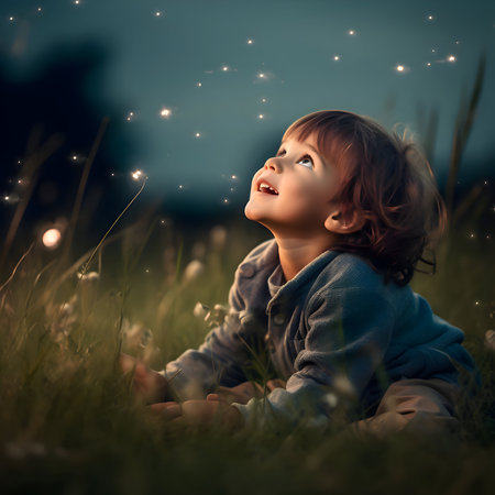 Cute little boy sitting on the grass and playing with the starsの素材