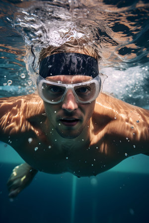 Underwater portrait of a young man swimming in the pool. Underwater photography.の素材