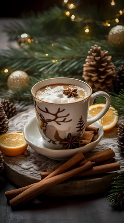 Cup of coffee with cinnamon, anise and lemon on the background of the Christmas treeの素材