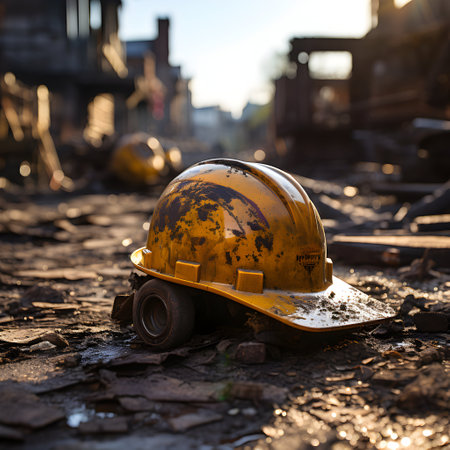 Helmet of construction worker on construction site. Selective focus.の素材