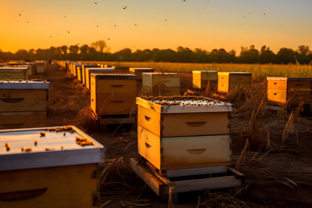 Beehives in the field at sunset. Beekeeping concept.の素材