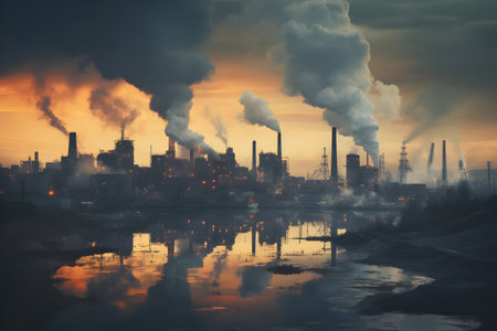 Industrial landscape with smoking chimneys on a background of blue skyの素材