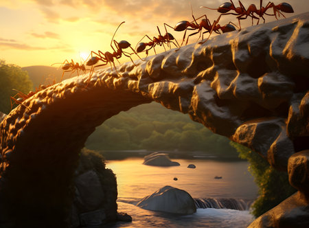 Ants on the bridge over the river at sunset. 3d renderの素材