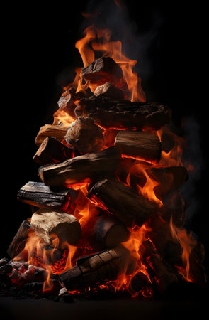 Burning firewood on a black background with copy space for textの素材