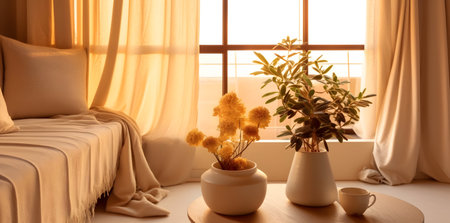 Flowers in vase on table near window, interior design conceptの素材