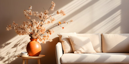 Interior of living room with sofa and vase with spring flowersの素材
