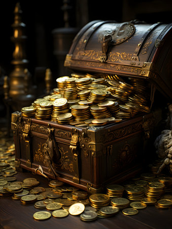 Treasure chest full of gold coins on dark background. Treasure concept.の素材