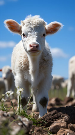 Portrait of a white calf in a field on a sunny dayの素材