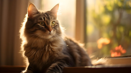 Siberian cat at home on a window sill, tonedの素材