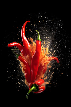Red hot chili pepper explosion with splashes isolated on black background.の素材