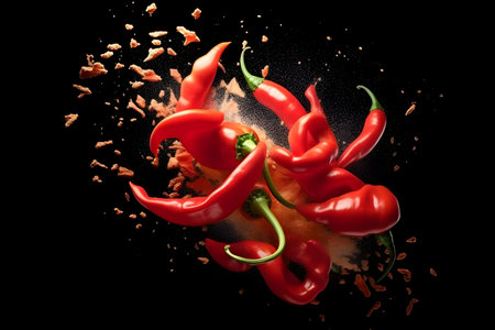 Red hot chili peppers with splashes of water on a black backgroundの素材