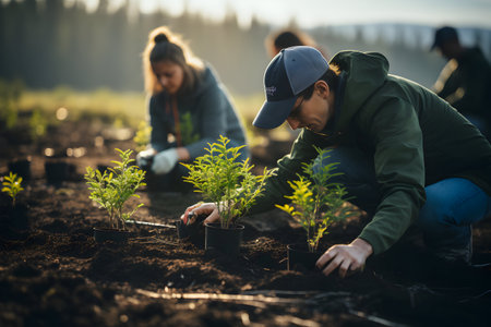 Two women and a man are planting seedlings in the garden.の素材