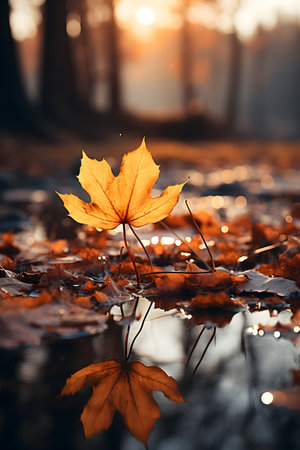 Autumn maple leaf on the water surface. Beautiful nature background.の素材