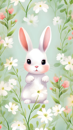 Easter greeting card with cute bunny and flowers. Vector illustration.の素材