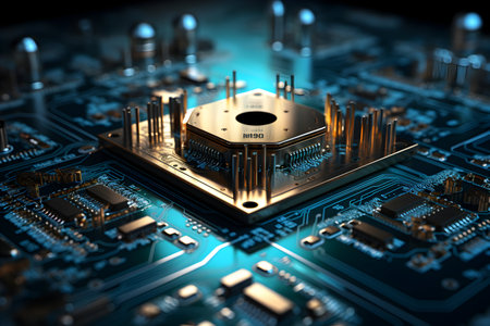Circuit board closeup with microchips and electronic components. 3d renderingの素材