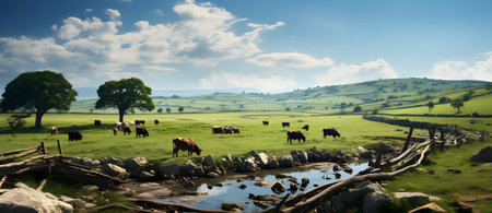 Cattle grazing in the English countryside. Panoramic image.の素材