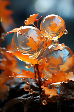Close-up of glass balls with drops of water and autumn leavesの素材