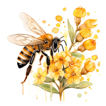 Honey bee on yellow flowers. Watercolor illustration isolated on white backgroundの素材
