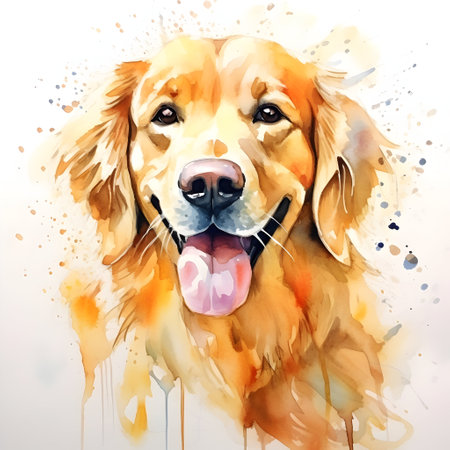 Watercolor portrait of golden retriever dog. Digital painting on white background.の素材