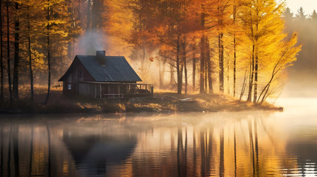 Foggy morning on the lake with wooden house in autumn forestの素材