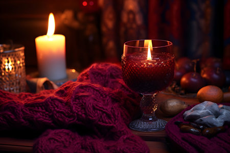 Candlelight in a glass with a knitted scarf on a wooden background.の素材