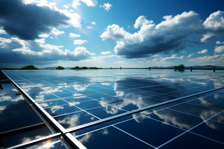 solar energy panels with reflection in the water, 3d renderの素材