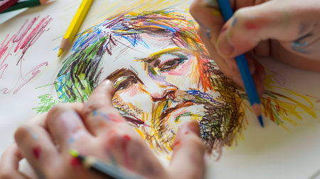 Close-up of the hands of a child drawing a picture with colored pencilsの素材