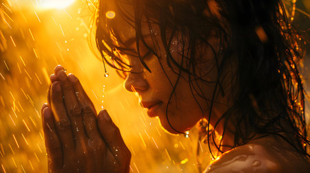 Portrait of a beautiful young woman in the rain at sunset.の素材