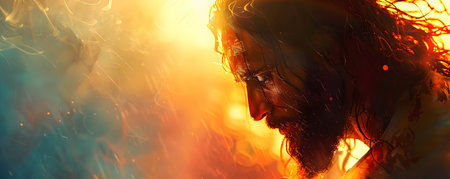 Portrait of Jesus Christ in the fire. Horizontal banner.の素材