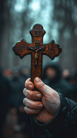 Wooden cross in the hands of a priest in a gloomy forestの素材