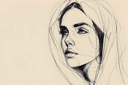 sketch of a beautiful woman's face, hand-drawn illustrationの素材