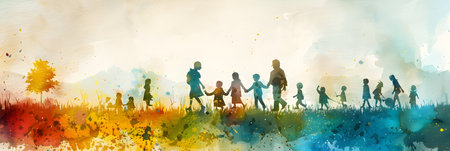 Children Playing Togetherness Friendship Smiling Happiness Colorful Watercolor Backgroundの素材