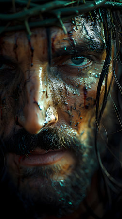 Close-up portrait of a man with a dirty face. Halloween.の素材