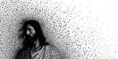 Jesus Christ with black splashes on a white background. Copy space.の素材