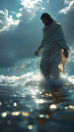 Jesus Christ in the water. Jesus is risen from the sea.の素材